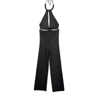 Bershka Metallic Knit Halter Jumpsuit Black Silver Keyhole Wide Leg Womens S